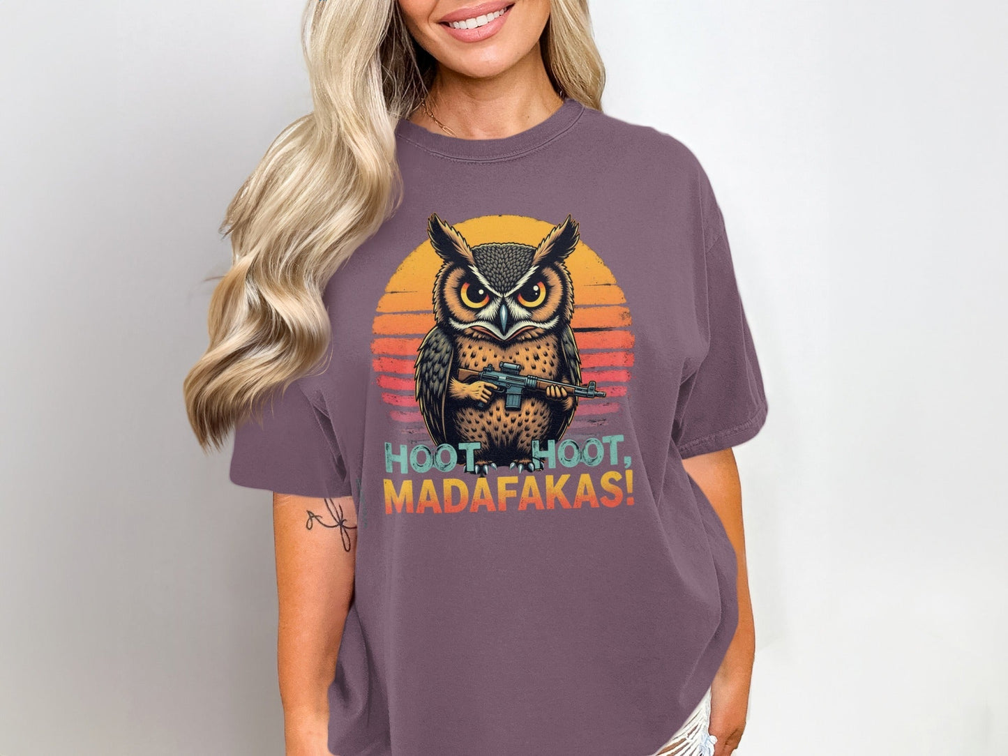 T-Shirt Owl With Gun Tee, Hoot Hoot Madafakas Shirt, Funny Owl Shirt, Animal Shirt, Novelty T Shirt, Graphic Tee, Trendy Shirt - IconVexa