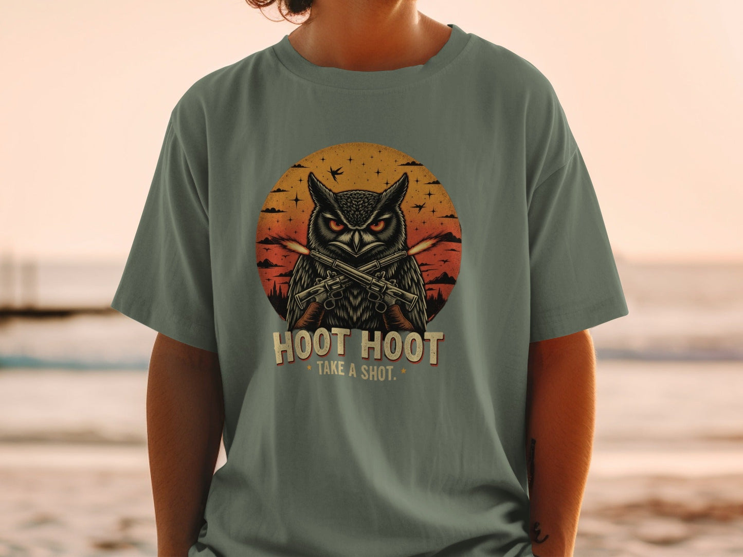 T-Shirt Owl with Guns Tee Hoot Hoot Take a Shot Design Shirt, Cool Animal Shirt, Bird Lover Gift Tee, Trendy Graphic Shirt Design - IconVexa