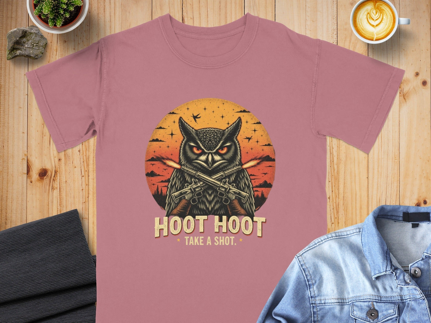 T-Shirt Owl with Guns Tee Hoot Hoot Take a Shot Design Shirt, Cool Animal Shirt, Bird Lover Gift Tee, Trendy Graphic Shirt Design - IconVexa