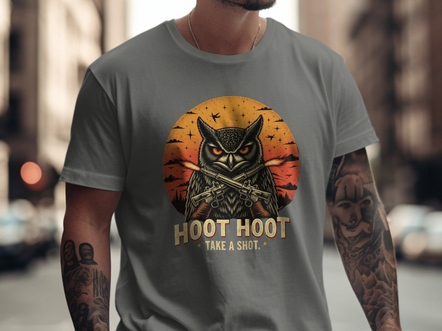 T-Shirt Owl with Guns Tee Hoot Hoot Take a Shot Design Shirt, Cool Animal Shirt, Bird Lover Gift Tee, Trendy Graphic Shirt Design - IconVexa