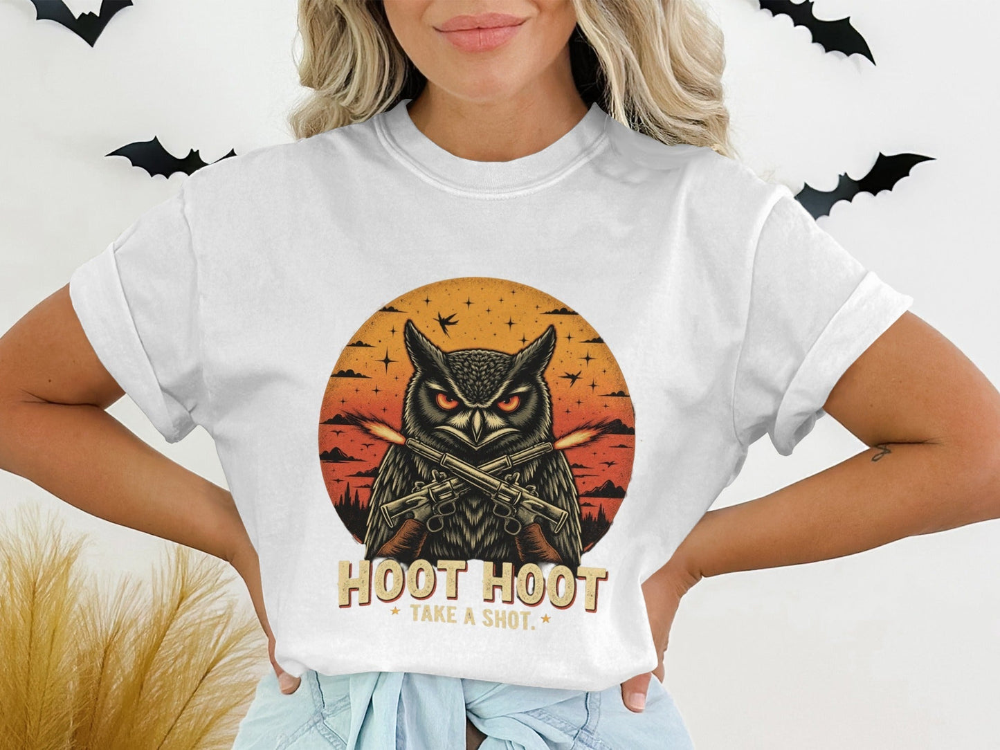 T-Shirt Owl with Guns Tee Hoot Hoot Take a Shot Design Shirt, Cool Animal Shirt, Bird Lover Gift Tee, Trendy Graphic Shirt Design - IconVexa