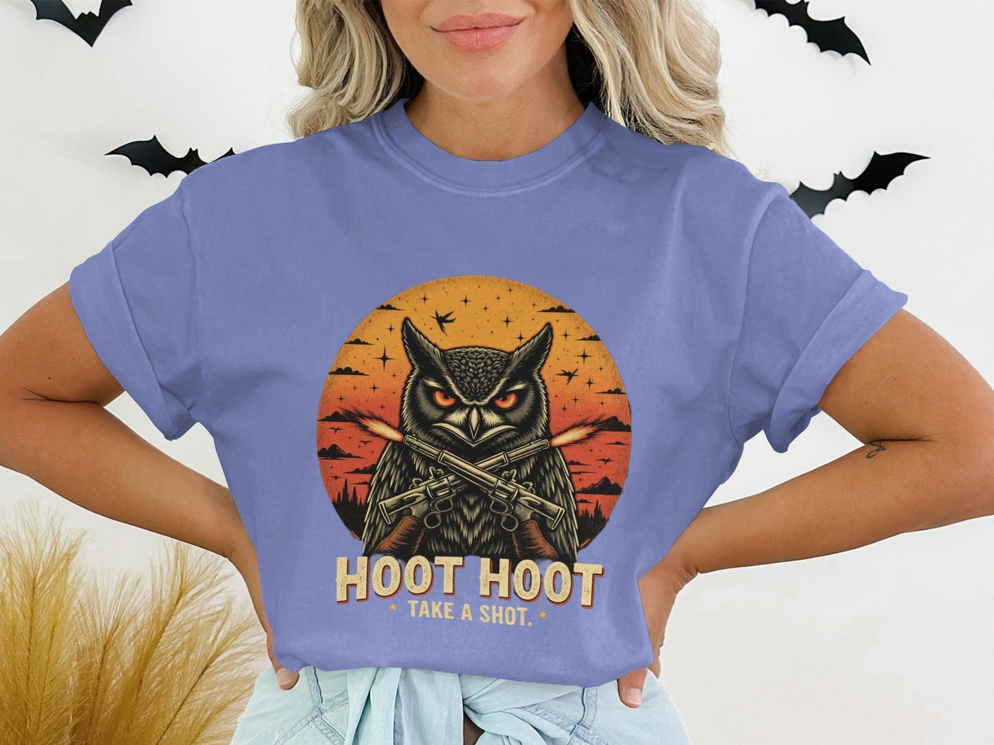 T-Shirt Owl with Guns Tee Hoot Hoot Take a Shot Design Shirt, Cool Animal Shirt, Bird Lover Gift Tee, Trendy Graphic Shirt Design - IconVexa