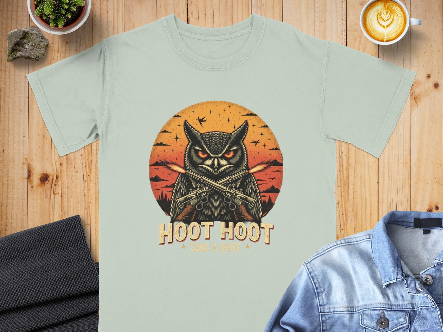 T-Shirt Owl with Guns Tee Hoot Hoot Take a Shot Design Shirt, Cool Animal Shirt, Bird Lover Gift Tee, Trendy Graphic Shirt Design - IconVexa