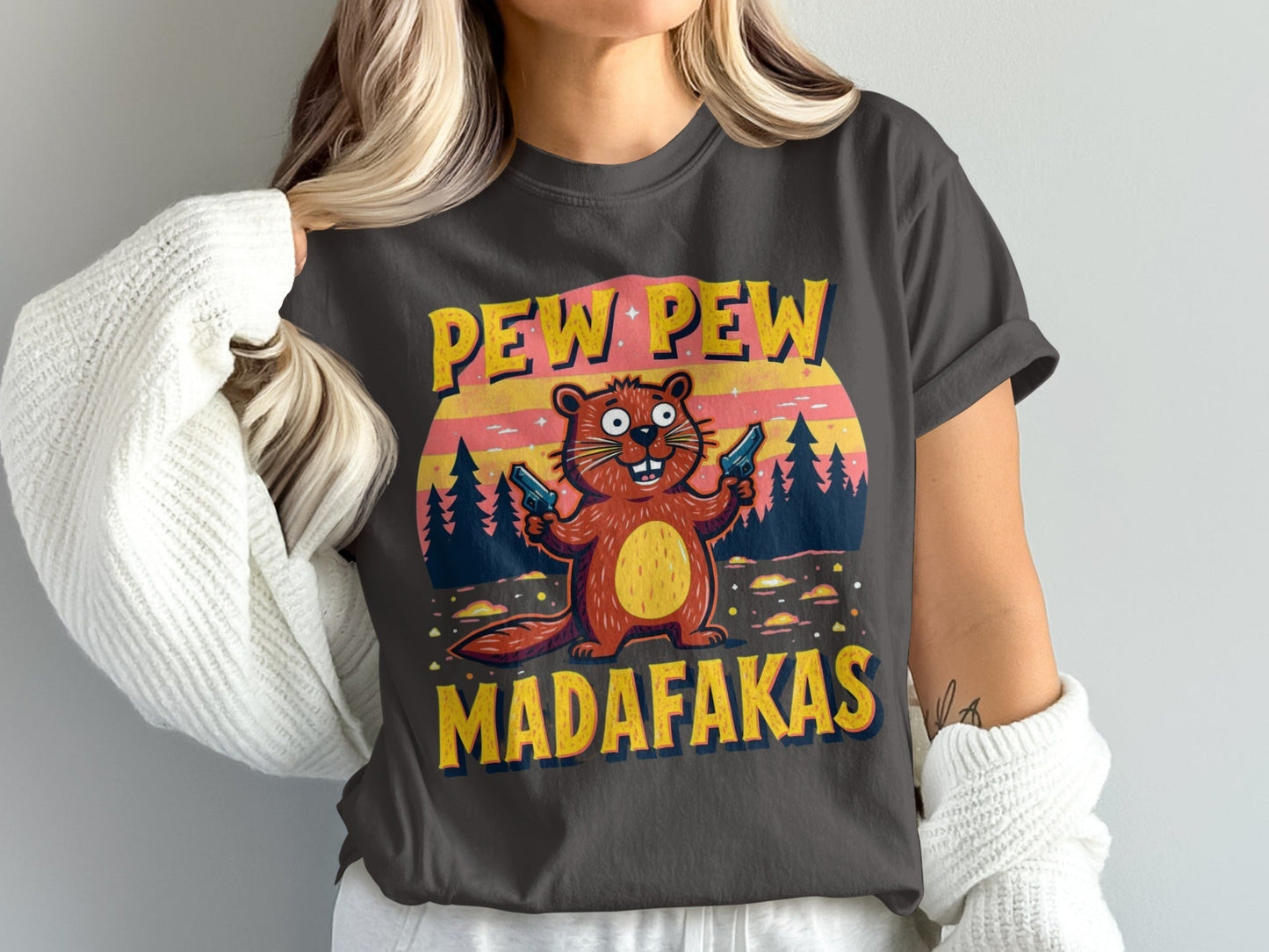 T-Shirt Pew Pew Madafakas, Funny Beaver Shirt, Animal Tee, Sarcastic Shirt, Meme Shirt, Novelty T Shirt, Trendy Tee, Graphic Shirt - IconVexa