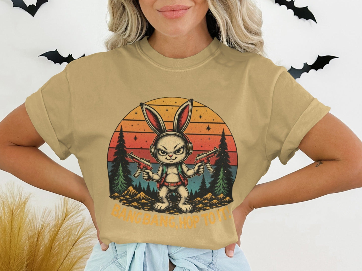 T-Shirt Rabbit With Guns, Bang Bang Hop To It Tee, Funny Bunny T Shirt, Retro Sunset T-Shirt, Animal Shirt, Unisex T Shirt, Easter Shirt - IconVexa