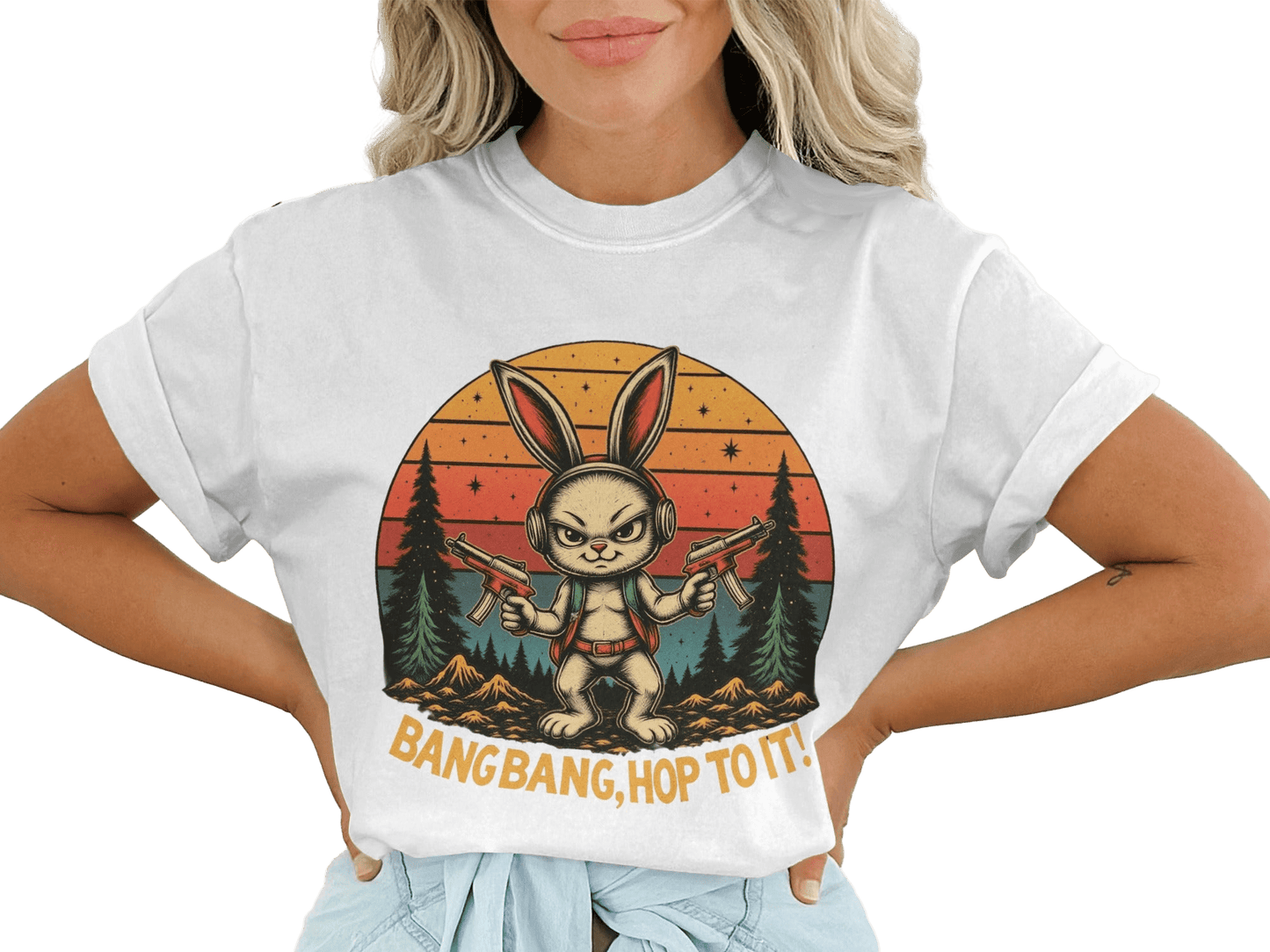 T-Shirt Rabbit With Guns, Bang Bang Hop To It Tee, Funny Bunny T Shirt, Retro Sunset T-Shirt, Animal Shirt, Unisex T Shirt, Easter Shirt - IconVexa