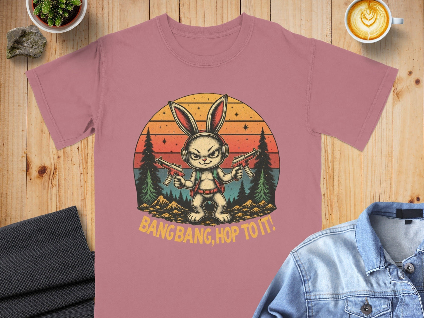 T-Shirt Rabbit With Guns, Bang Bang Hop To It Tee, Funny Bunny T Shirt, Retro Sunset T-Shirt, Animal Shirt, Unisex T Shirt, Easter Shirt - IconVexa
