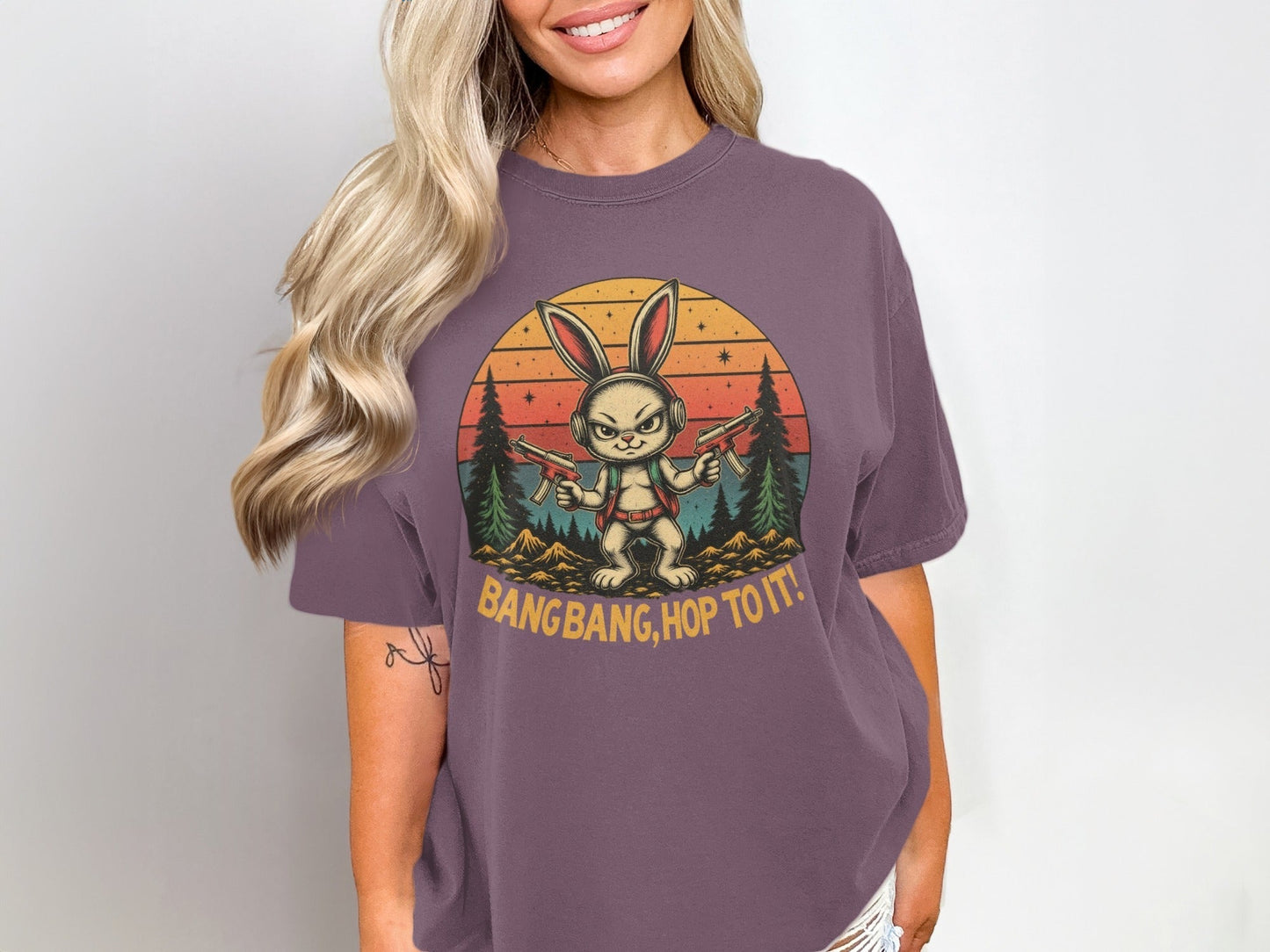 T-Shirt Rabbit With Guns, Bang Bang Hop To It Tee, Funny Bunny T Shirt, Retro Sunset T-Shirt, Animal Shirt, Unisex T Shirt, Easter Shirt - IconVexa