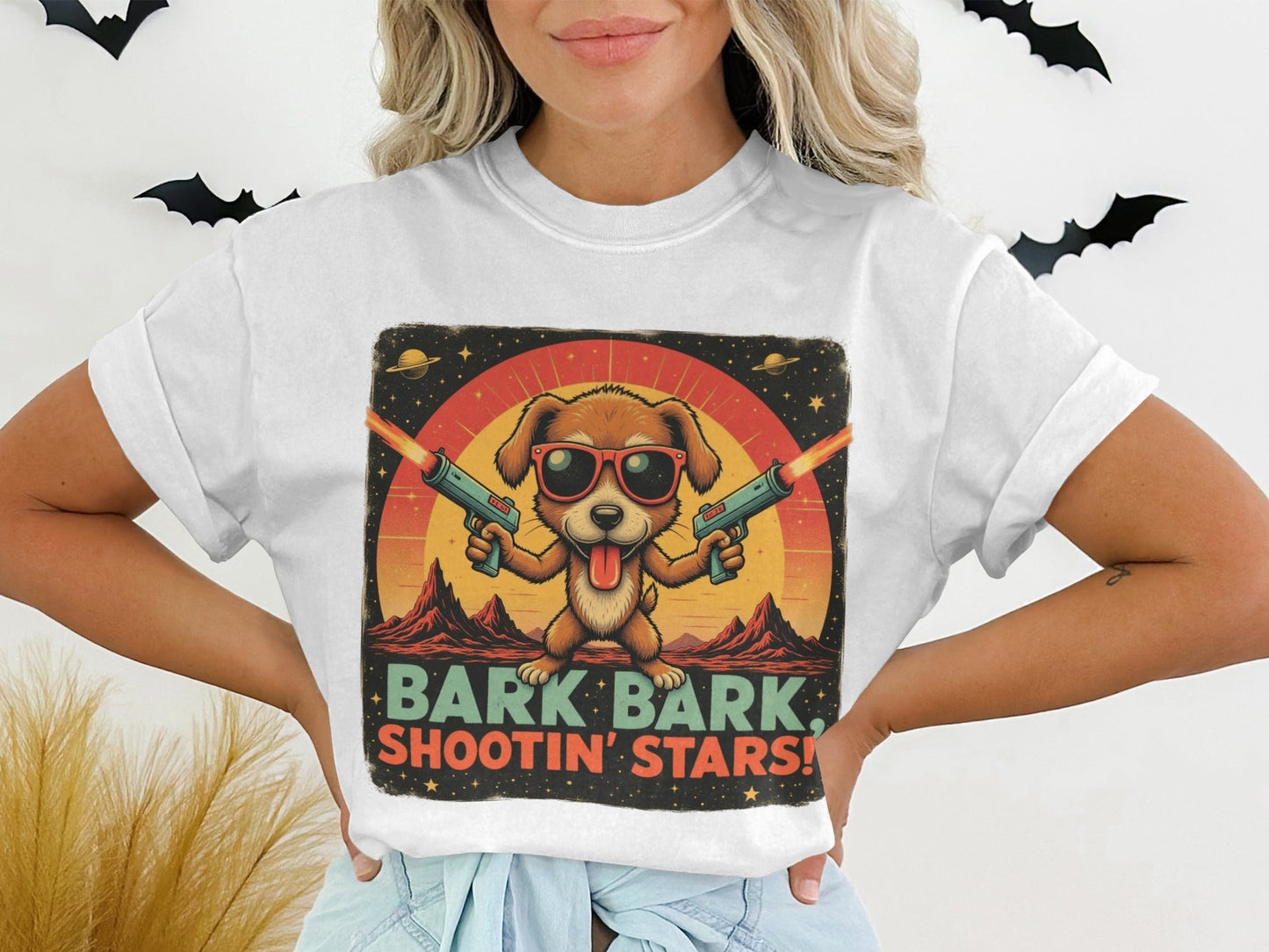 T-Shirt Space Dog, Funny Tee, Bark Bark Shooting Stars Shirt, Retro Dog Shirt, Cool Dog Tee, Cute Pet T Shirt, Dog Lover Gift, Unique Dog - IconVexa