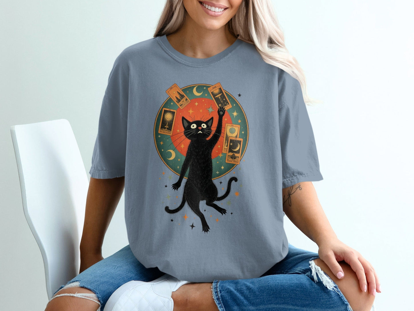 Tarot Cat and Celestial Design Graphic Black T-Shirt - IconVexa