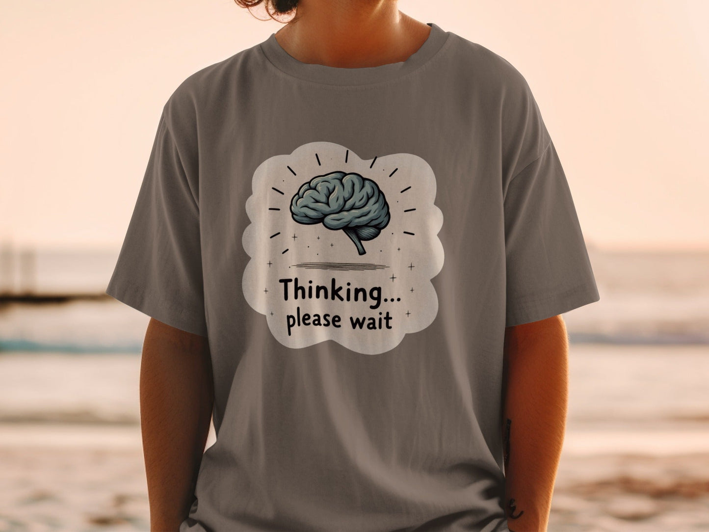 Thinking Please Wait T-Shirt, Brain Design T-Shirt, Funny T-Shirt, Graphic Tee, Trendy Shirt, Gift Idea - IconVexa
