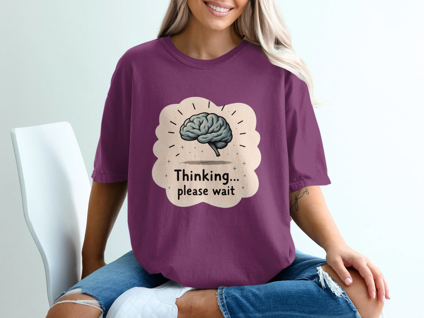 Thinking Please Wait T-Shirt, Brain Design T-Shirt, Funny T-Shirt, Graphic Tee, Trendy Shirt, Gift Idea - IconVexa