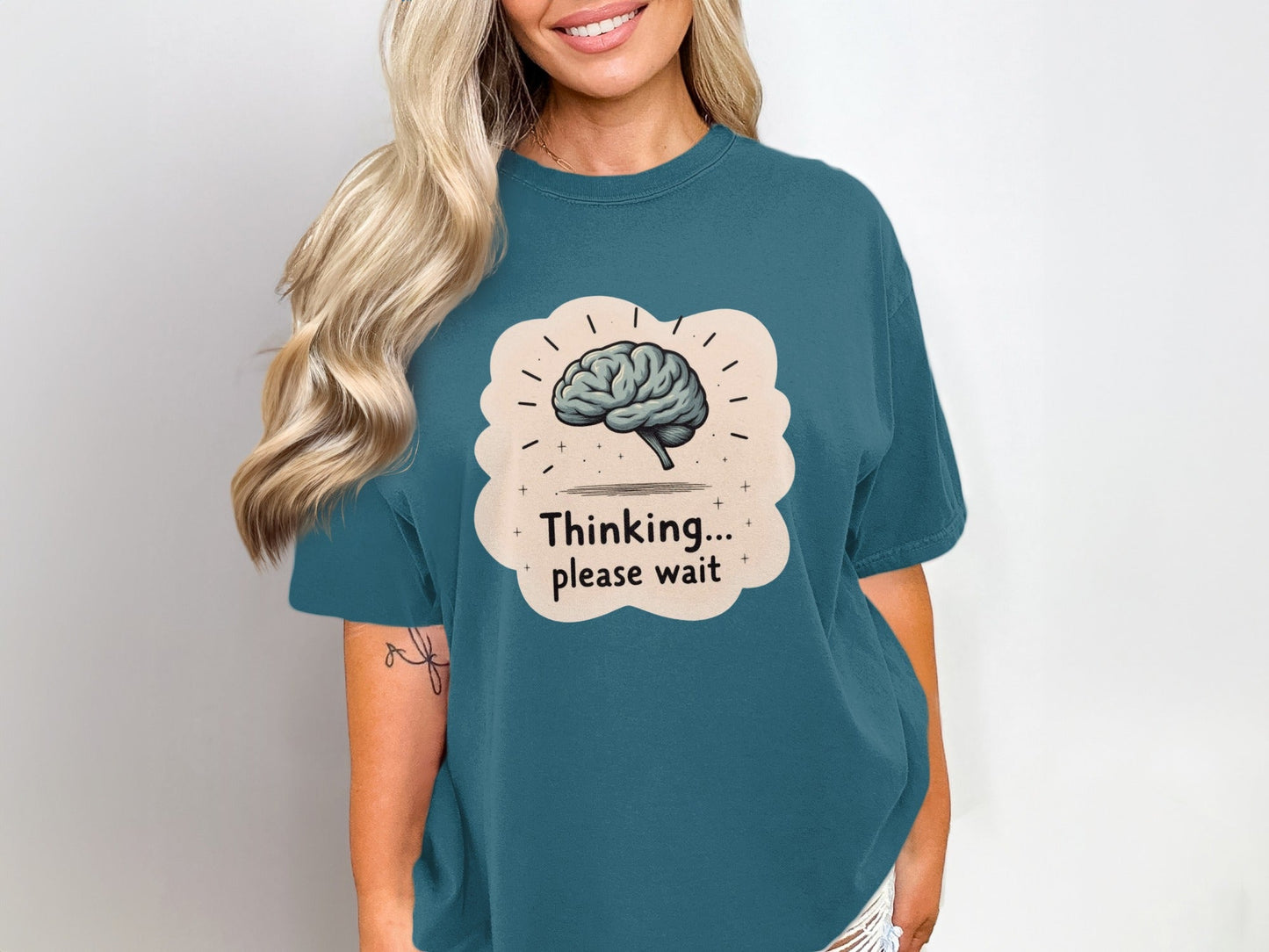 Thinking Please Wait T-Shirt, Brain Design T-Shirt, Funny T-Shirt, Graphic Tee, Trendy Shirt, Gift Idea - IconVexa