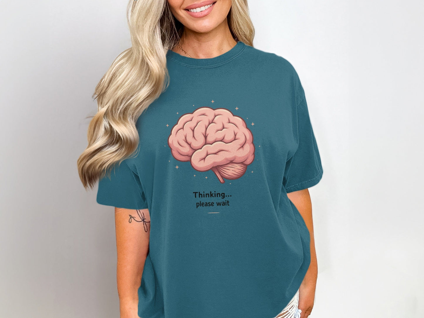 Thinking Please Wait T-Shirt, Brain Tee, Funny Sarcastic Shirt, Unique Graphic Tee, Statement T Shirt, Gift Idea, Unisex Shirt - IconVexa