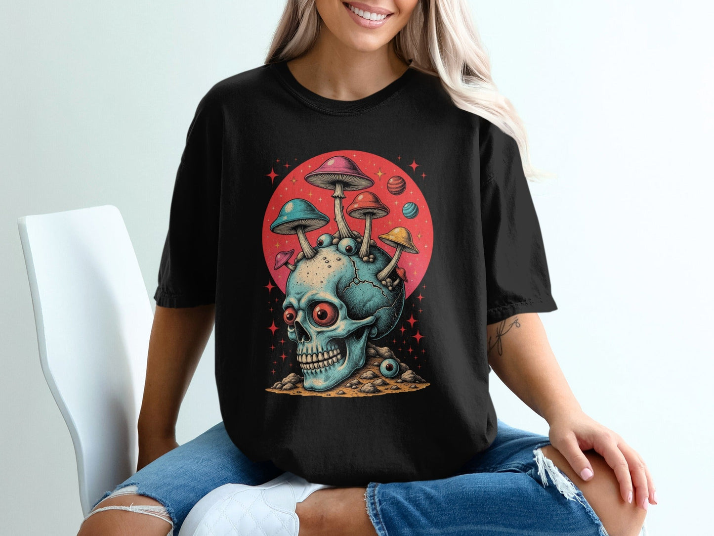 Trippy Fungi Skull with Planets Graphic Design T-Shirt - IconVexa