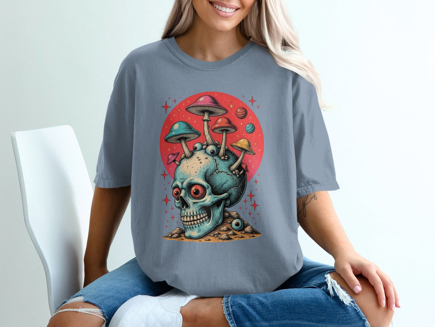 Trippy Fungi Skull with Planets Graphic Design T-Shirt - IconVexa