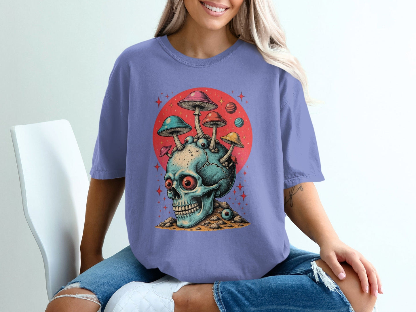 Trippy Fungi Skull with Planets Graphic Design T-Shirt - IconVexa