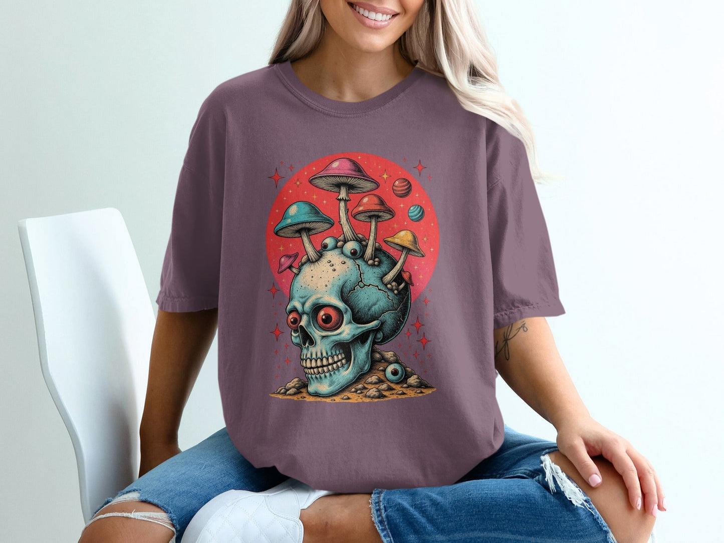 Trippy Fungi Skull with Planets Graphic Design T-Shirt - IconVexa