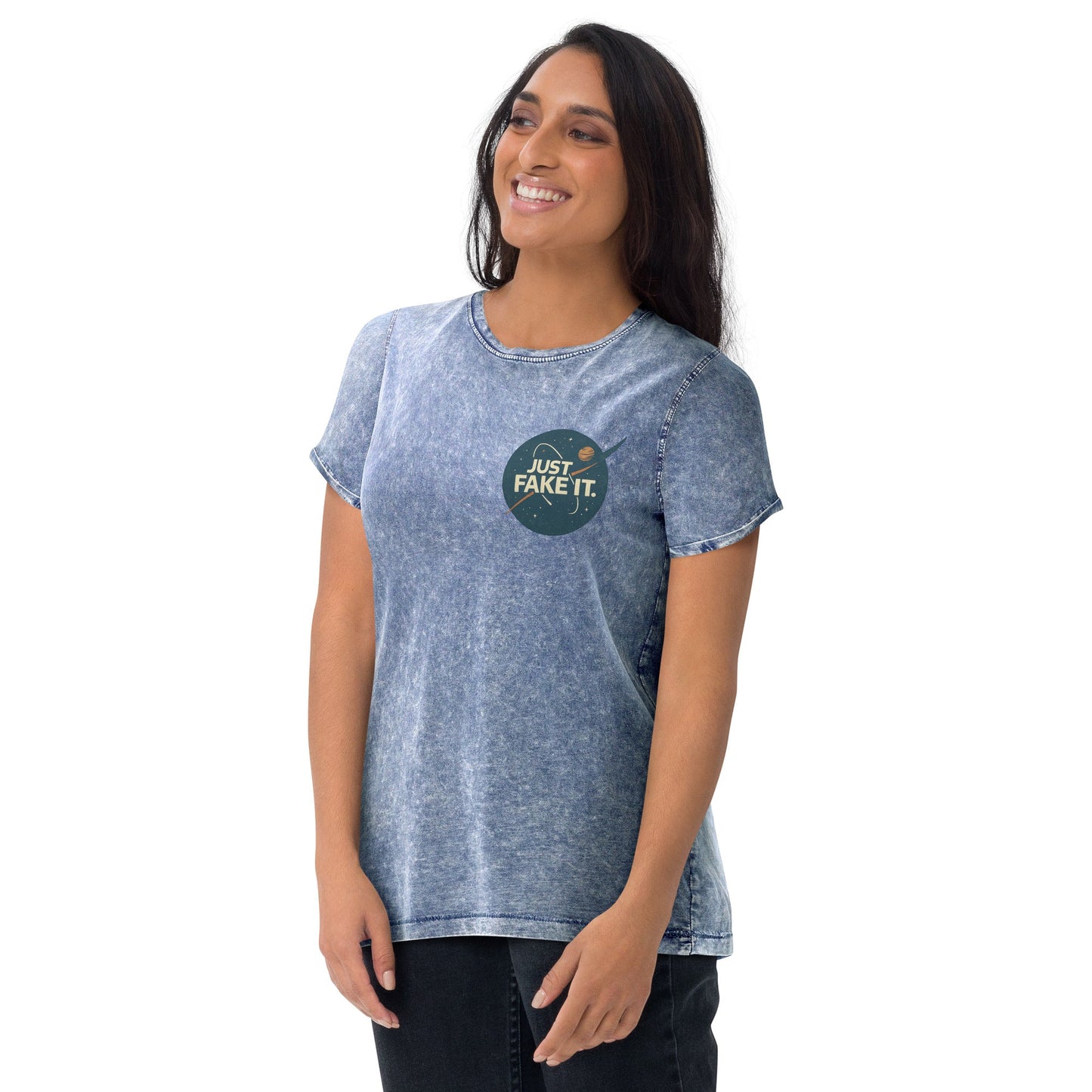 Just Fake It Space Tee | Funny Graphic Shirt | Cosmic Parody Streetwear Top - IconVexa
