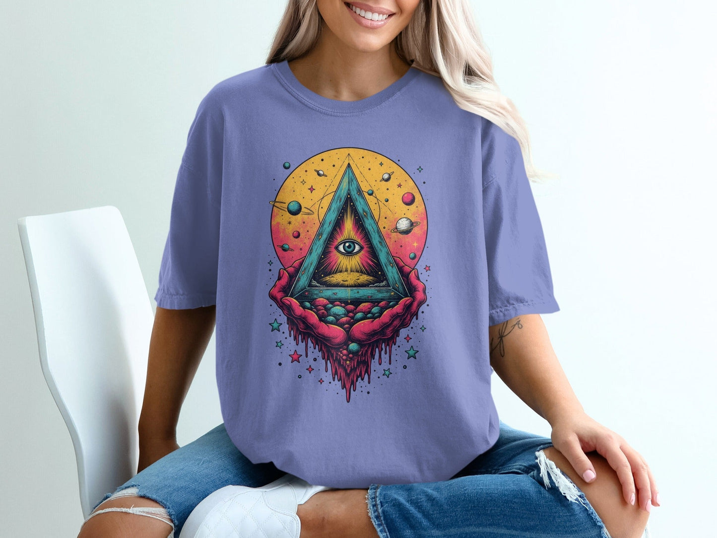 Universe In Hands Artistic Design Graphic Print T-Shirt - IconVexa
