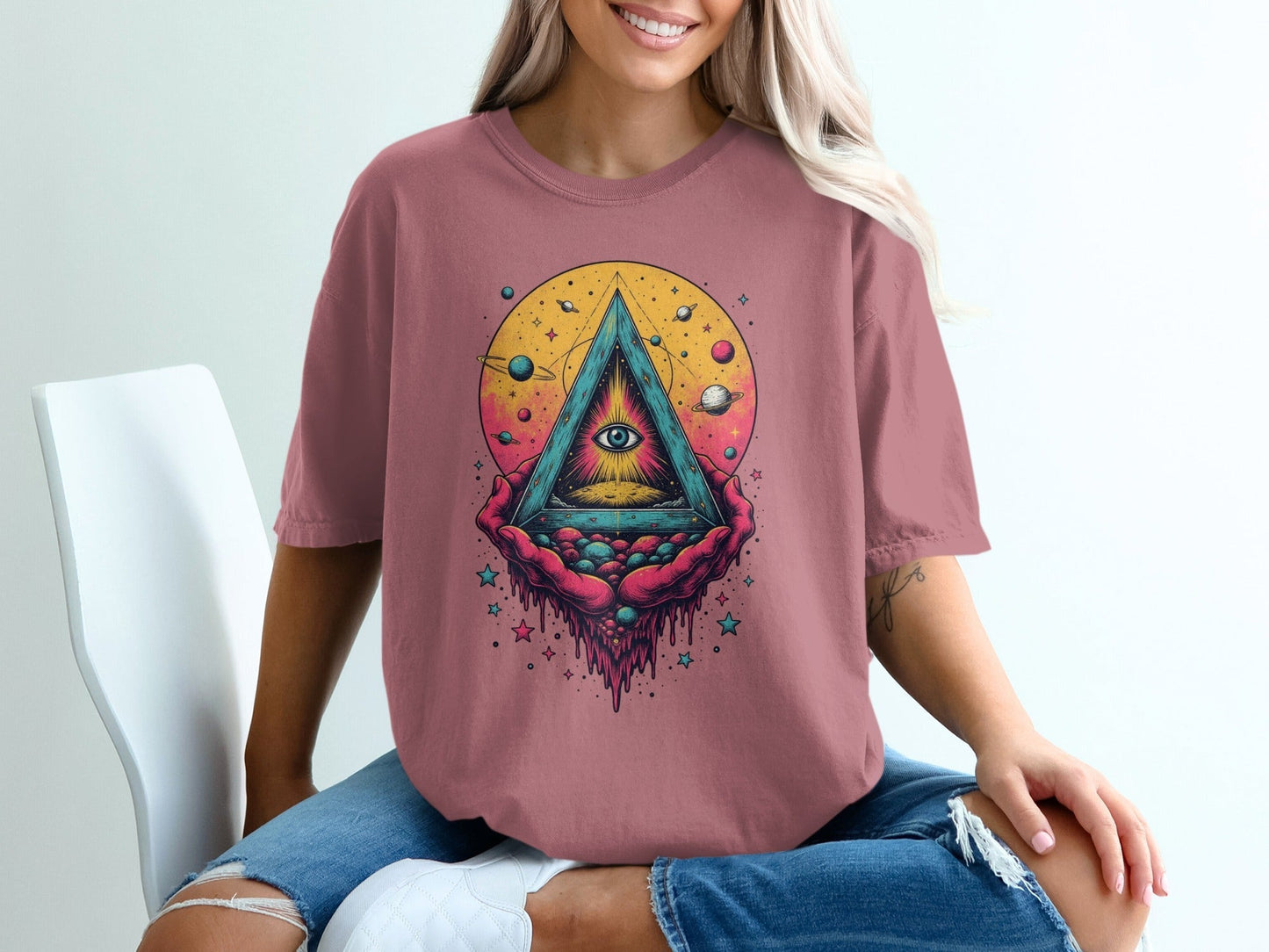 Universe In Hands Artistic Design Graphic Print T-Shirt - IconVexa