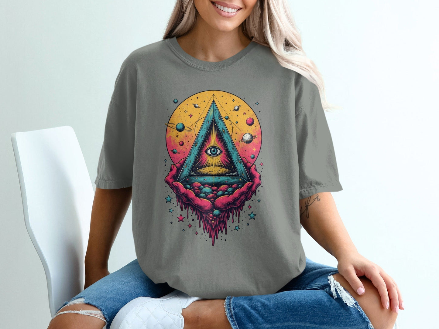 Universe In Hands Artistic Design Graphic Print T-Shirt - IconVexa