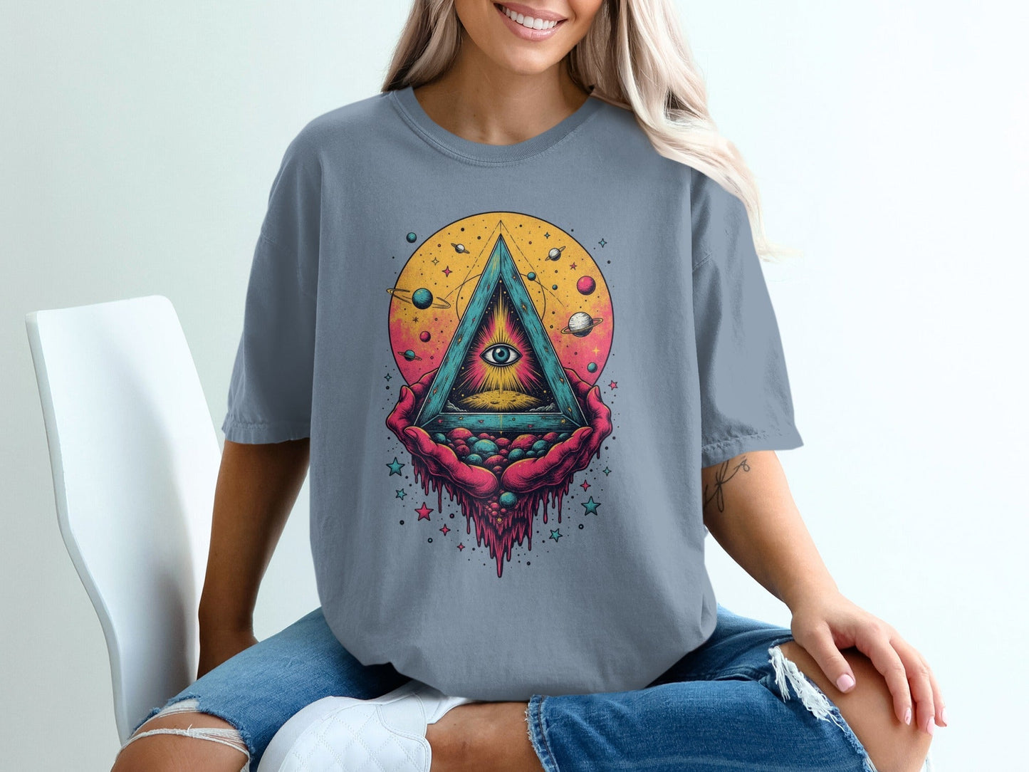 Universe In Hands Artistic Design Graphic Print T-Shirt - IconVexa