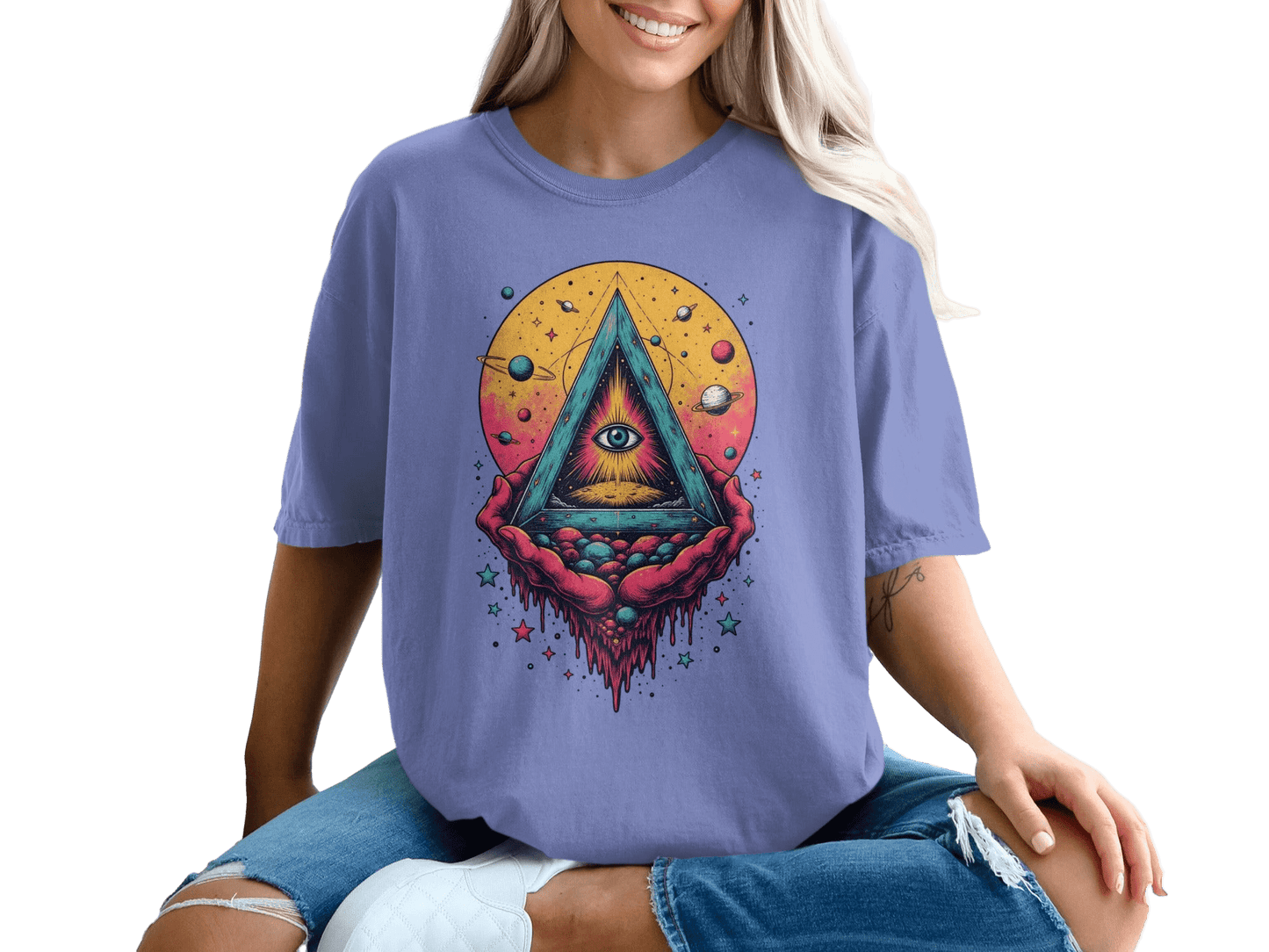 Universe In Hands Artistic Design Graphic Print T-Shirt - IconVexa