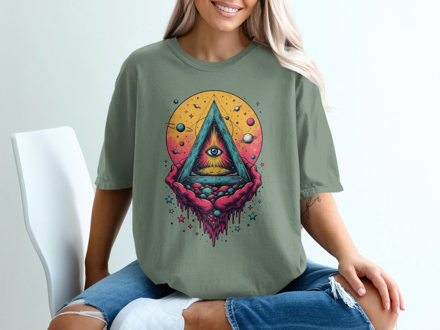 Universe In Hands Artistic Design Graphic Print T-Shirt - IconVexa