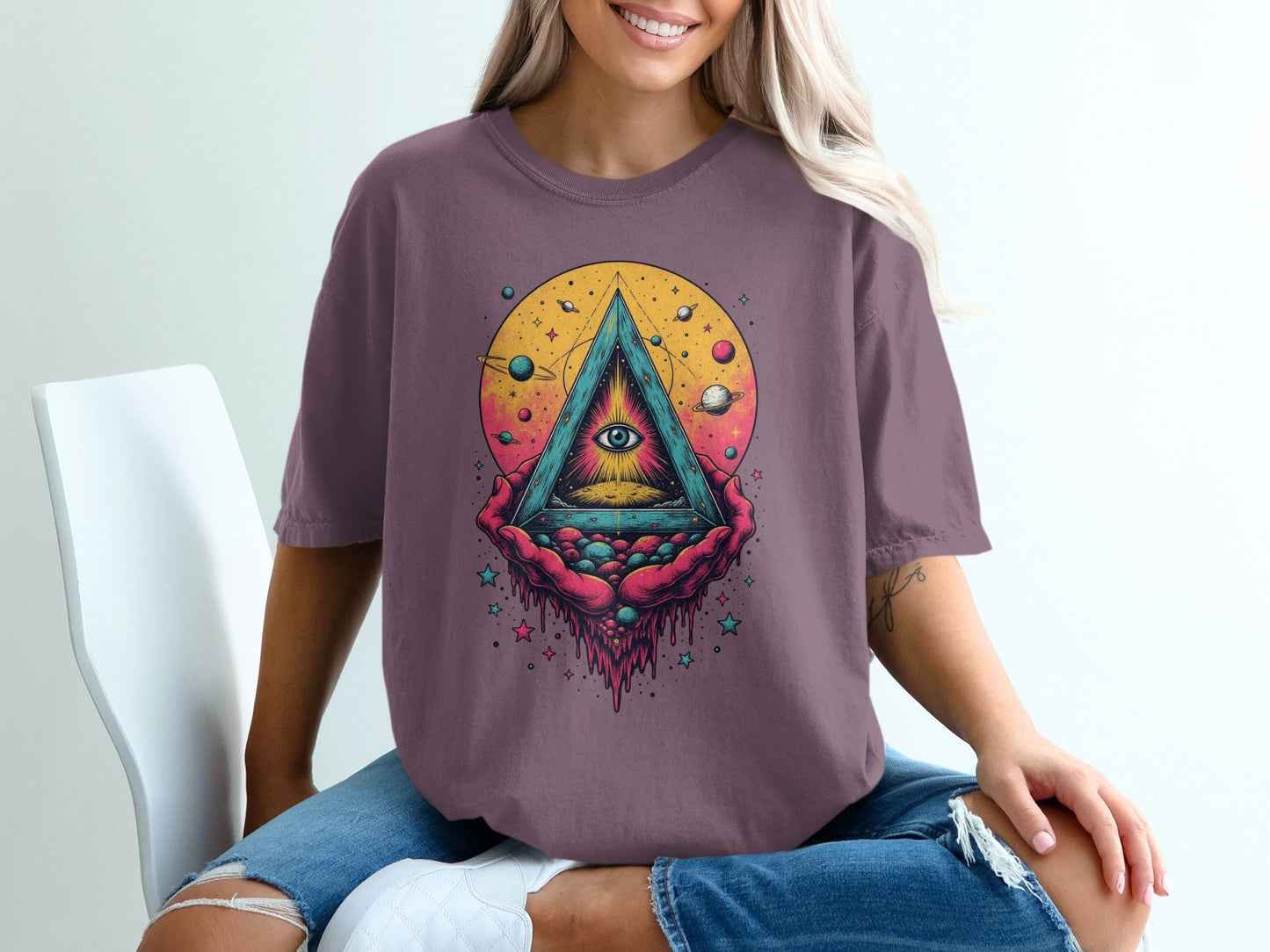 Universe In Hands Artistic Design Graphic Print T-Shirt - IconVexa