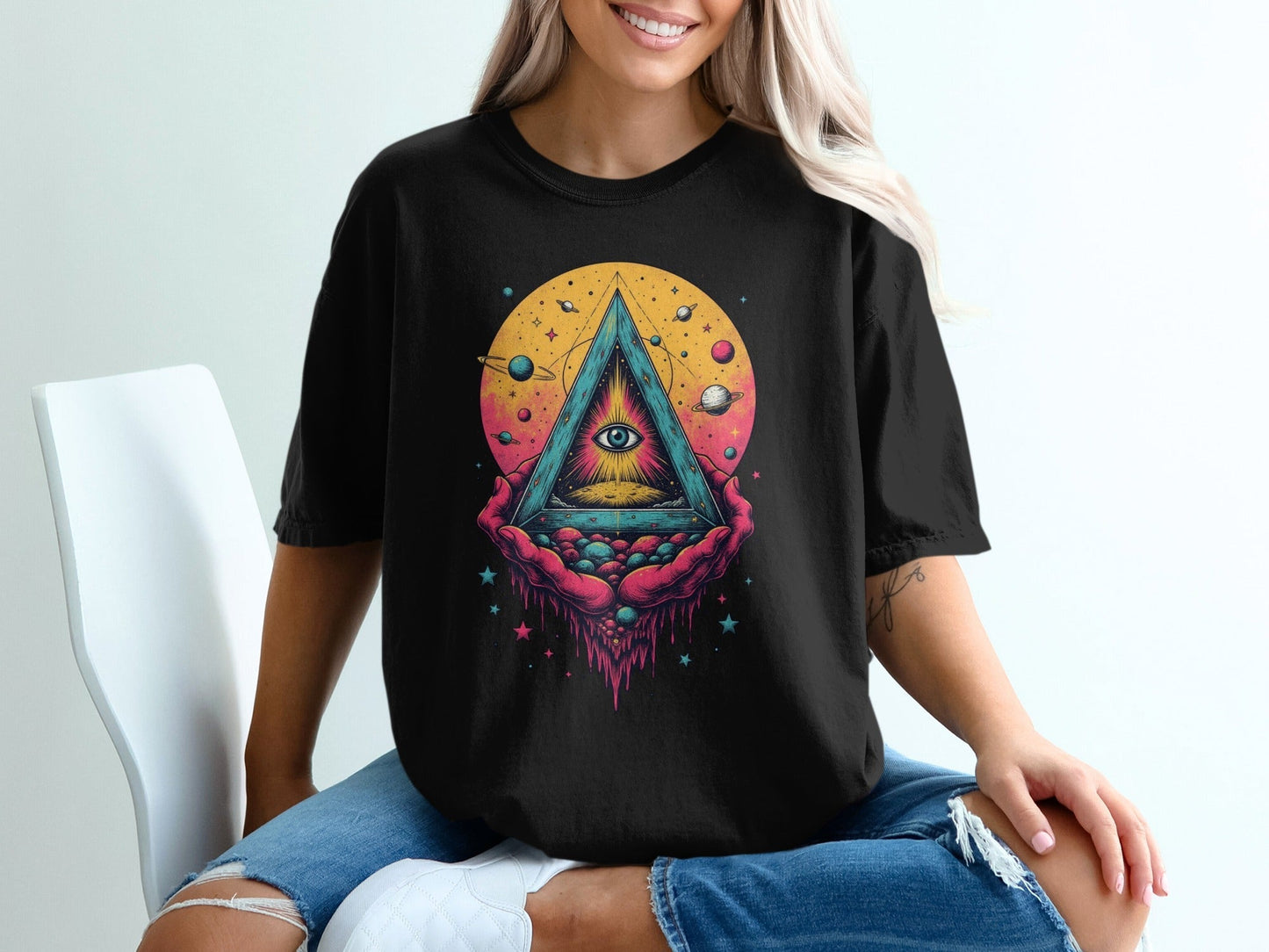 Universe In Hands Artistic Design Graphic Print T-Shirt - IconVexa
