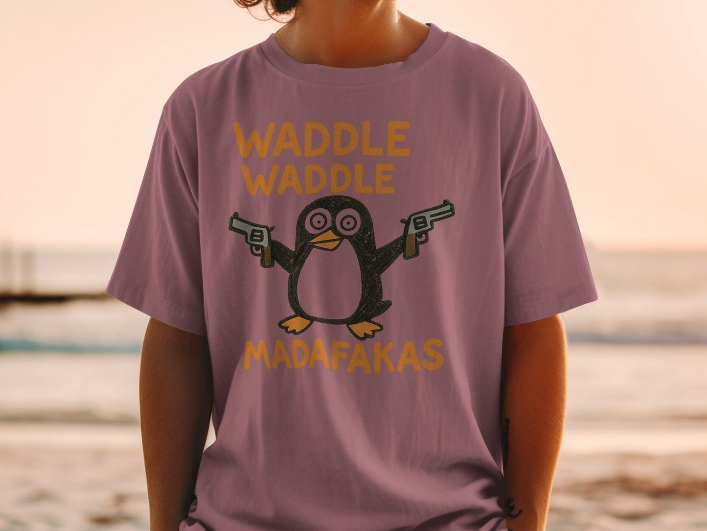 Waddle Waddle Penguin T-Shirt, Funny Penguin Shirt, Penguin with Guns Tee, Penguin Lover Gift, Cool Graphic T-Shirt, Unique Penguin Design - IconVexa
