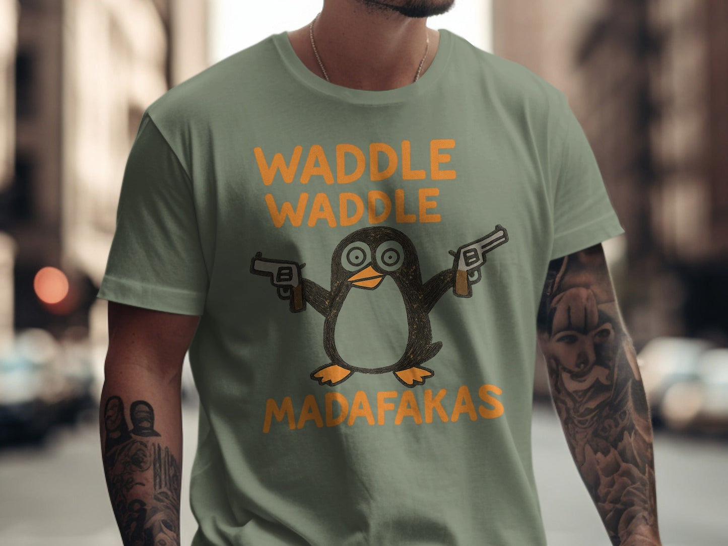 Waddle Waddle Penguin T-Shirt, Funny Penguin Shirt, Penguin with Guns Tee, Penguin Lover Gift, Cool Graphic T-Shirt, Unique Penguin Design - IconVexa