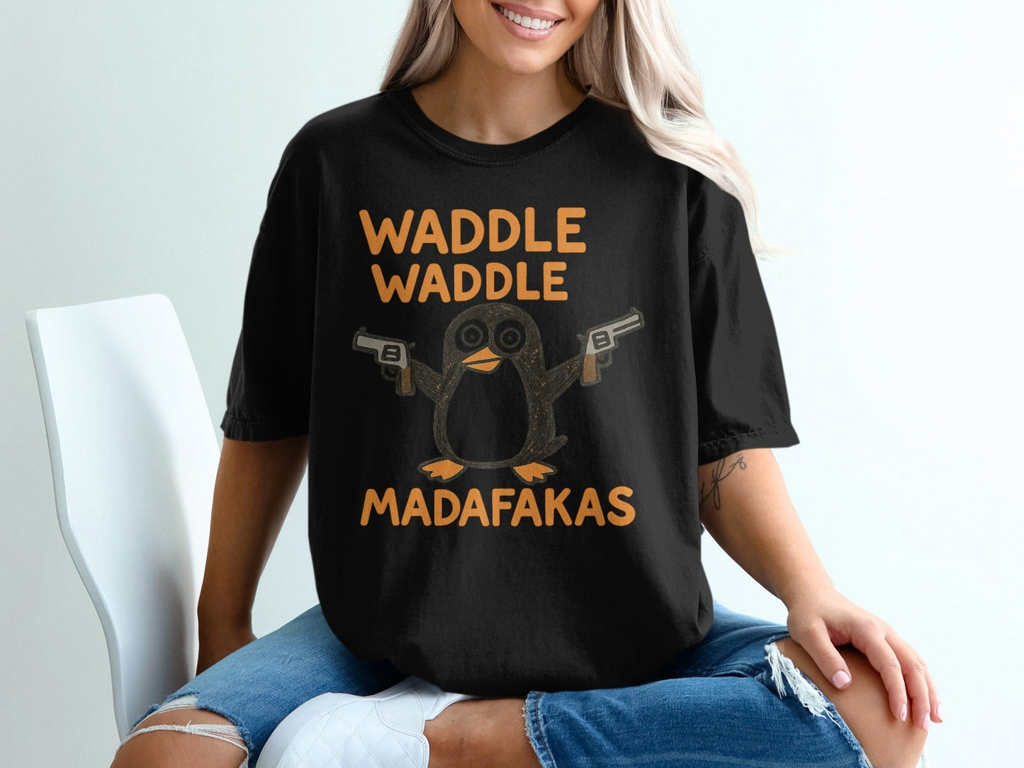 Waddle Waddle Penguin T-Shirt, Funny Penguin Shirt, Penguin with Guns Tee, Penguin Lover Gift, Cool Graphic T-Shirt, Unique Penguin Design - IconVexa