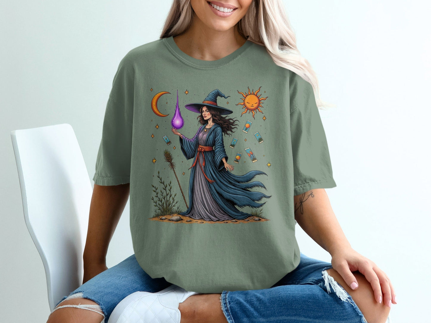 Witch Tarot Cards Sun Moon and Stars Graphic Art T-Shirt - IconVexa