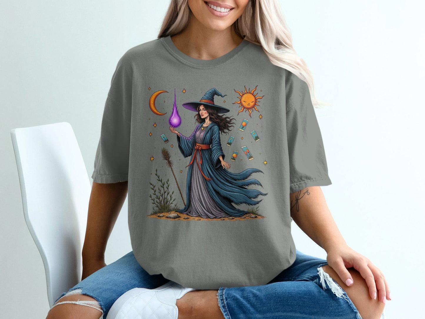 Witch Tarot Cards Sun Moon and Stars Graphic Art T-Shirt - IconVexa