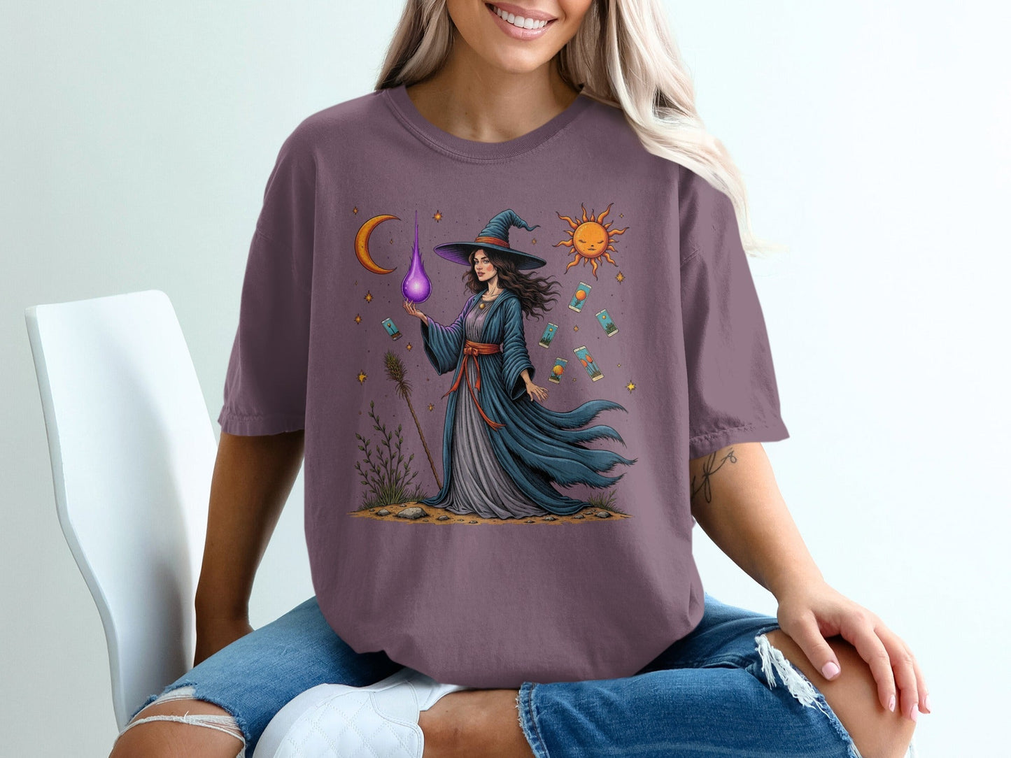 Witch Tarot Cards Sun Moon and Stars Graphic Art T-Shirt - IconVexa