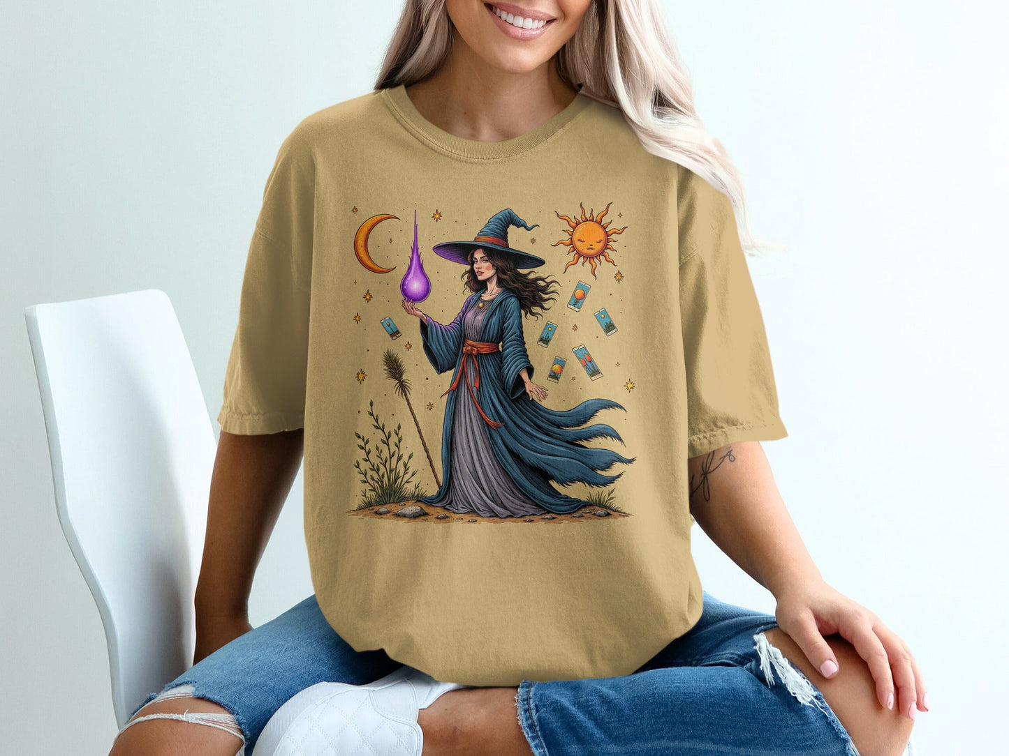 Witch Tarot Cards Sun Moon and Stars Graphic Art T-Shirt - IconVexa