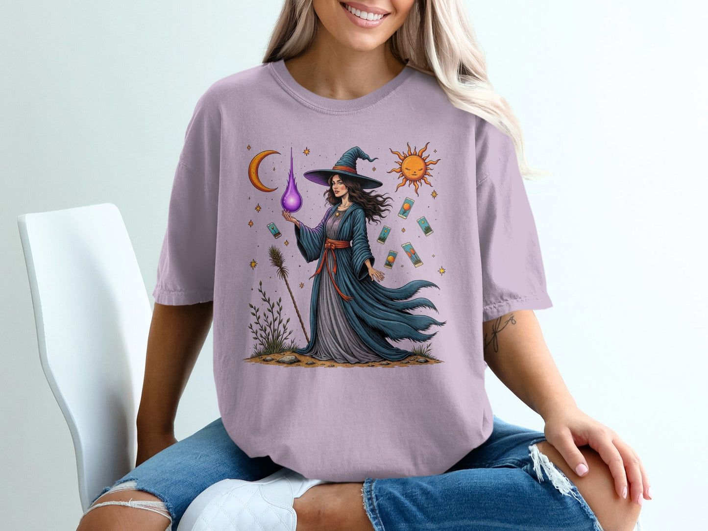 Witch Tarot Cards Sun Moon and Stars Graphic Art T-Shirt - IconVexa