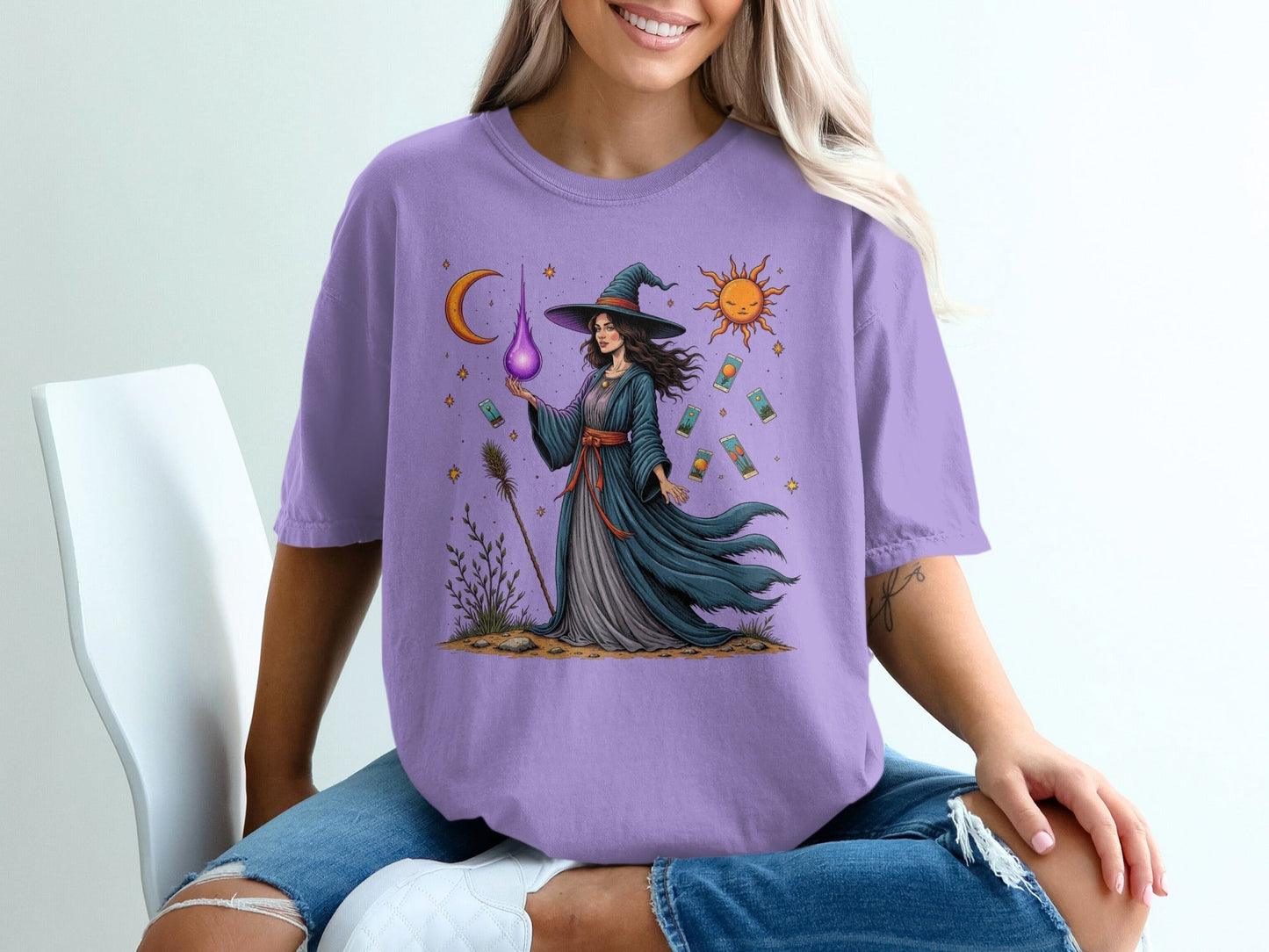 Witch Tarot Cards Sun Moon and Stars Graphic Art T-Shirt - IconVexa