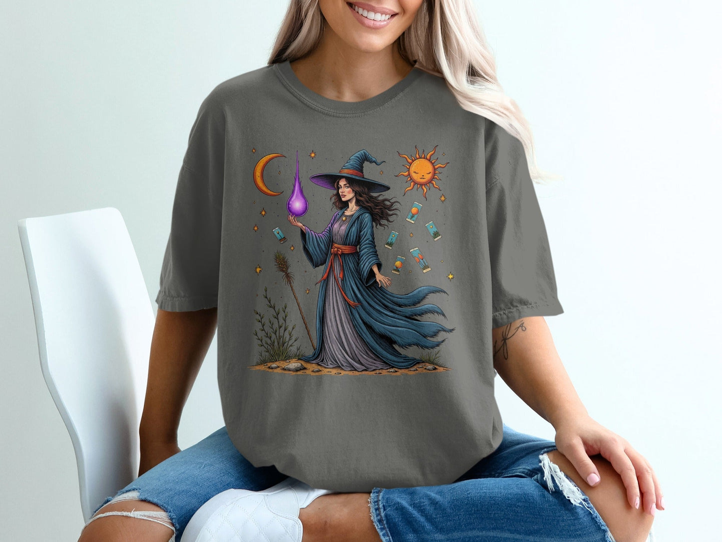 Witch Tarot Cards Sun Moon and Stars Graphic Art T-Shirt - IconVexa