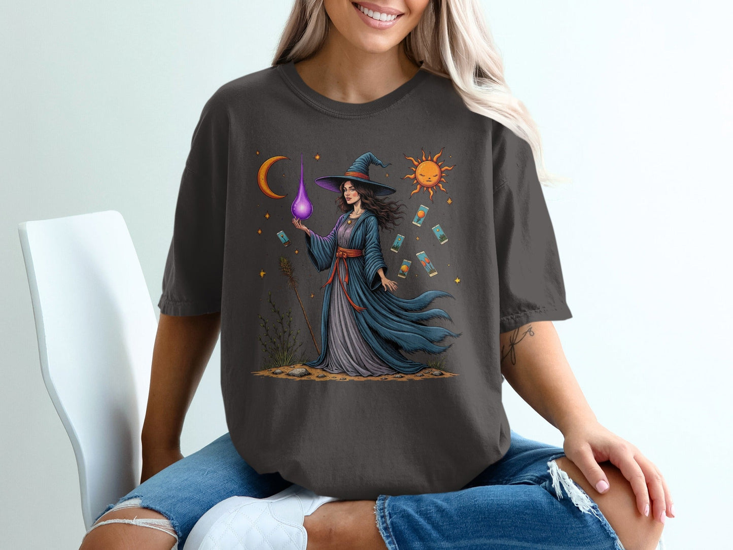Witch Tarot Cards Sun Moon and Stars Graphic Art T-Shirt - IconVexa