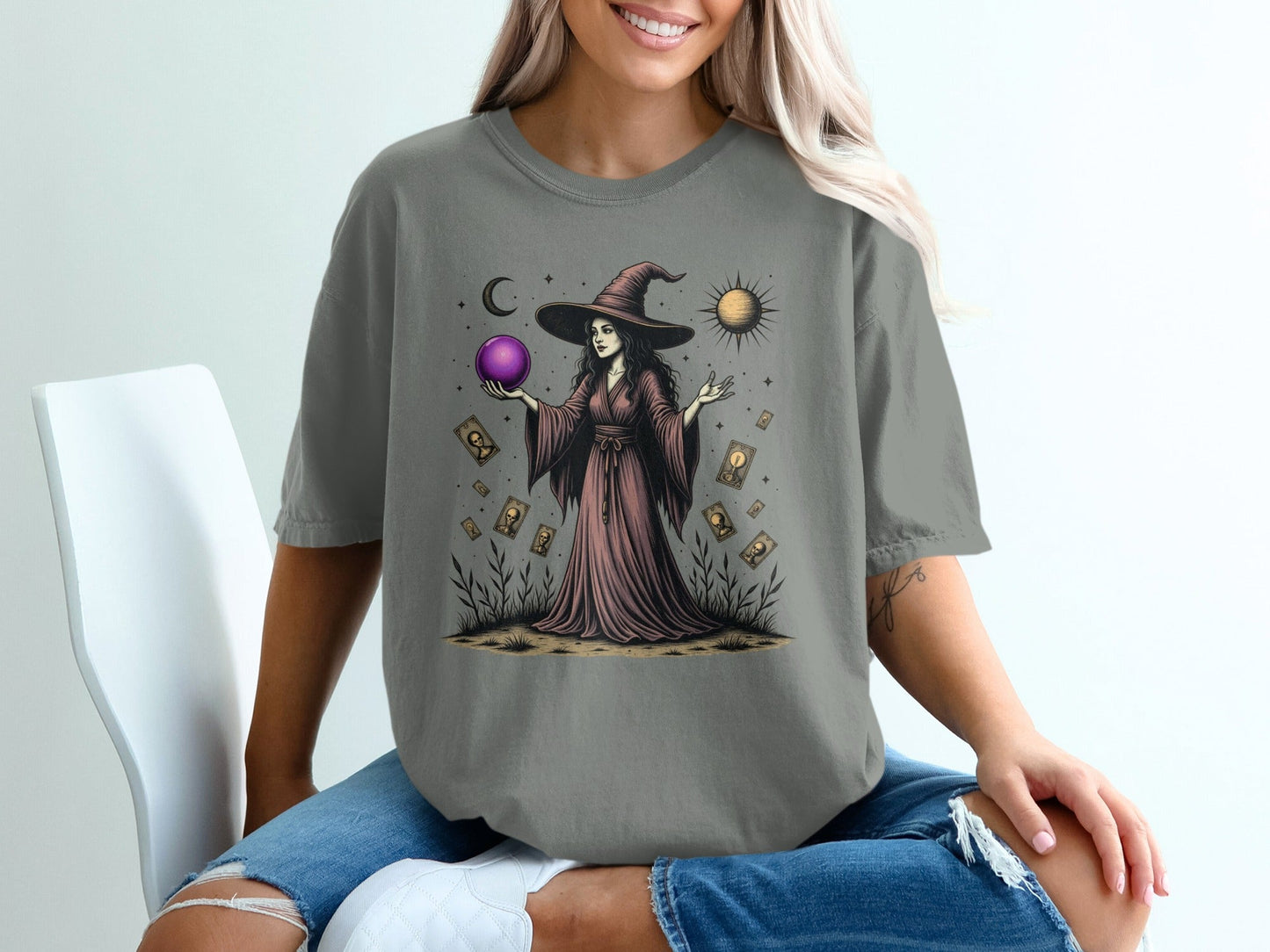 Witch with the Purple Sphere Moon and Cards Art T-Shirt - IconVexa