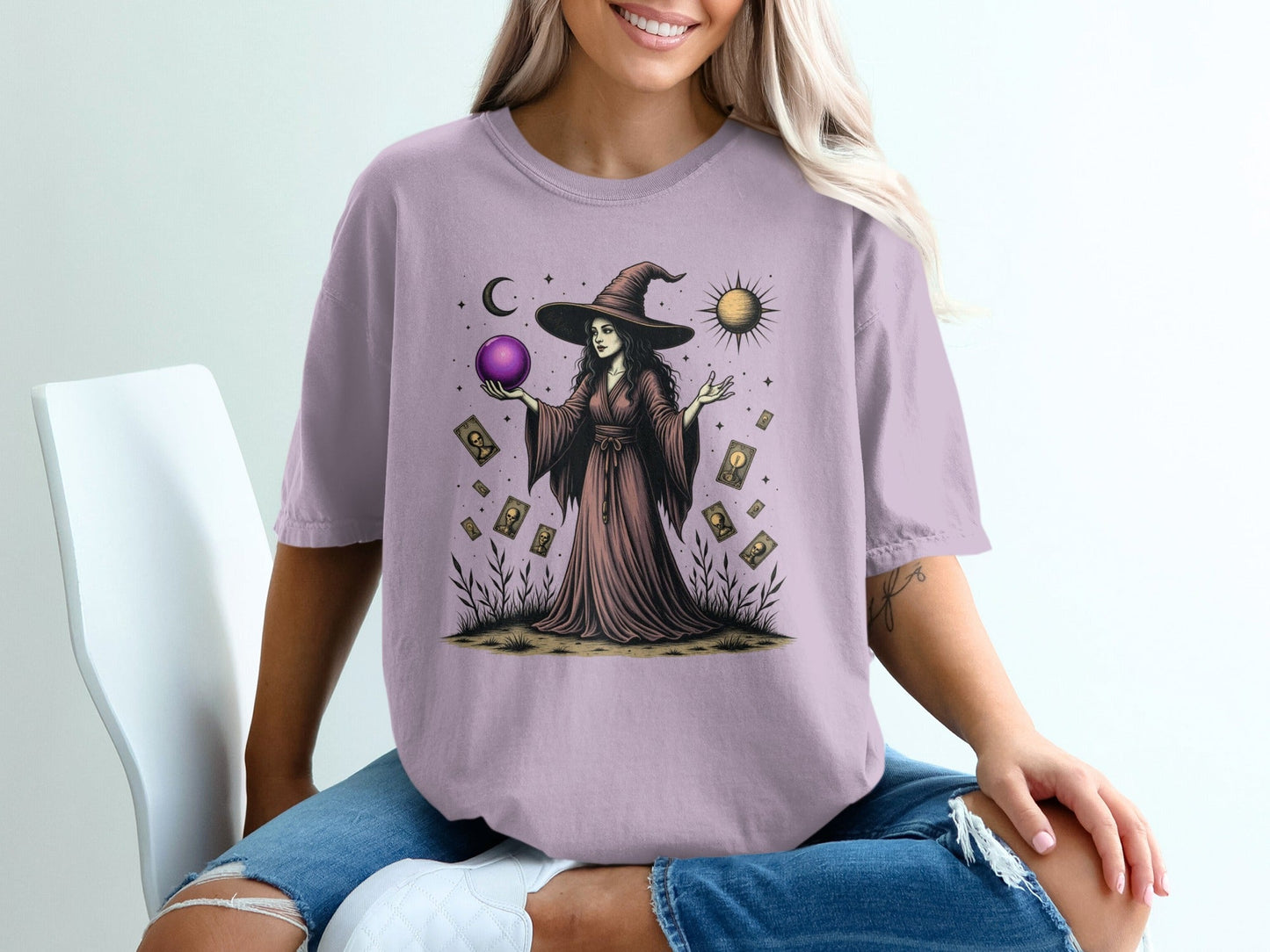 Witch with the Purple Sphere Moon and Cards Art T-Shirt - IconVexa