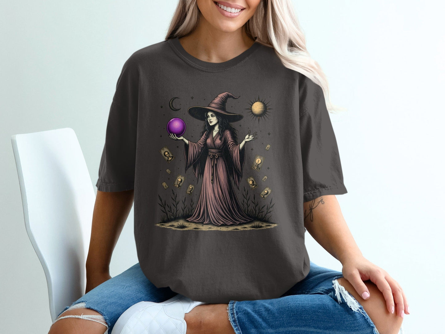Witch with the Purple Sphere Moon and Cards Art T-Shirt - IconVexa