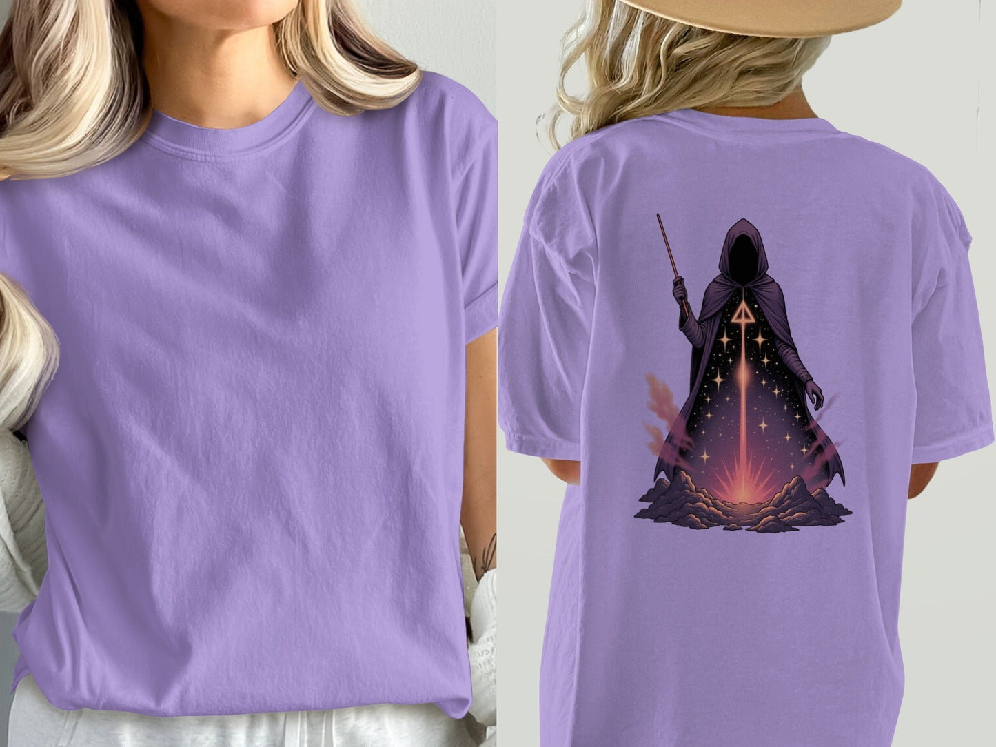 Wizard T-Shirt, Magical T-Shirt, Sorcerer T-Shirt, Fantasy T-Shirt, Hooded Figure T-Shirt, Stars T-Shirt, Occult T-Shirt, Trendy Shirt - IconVexa