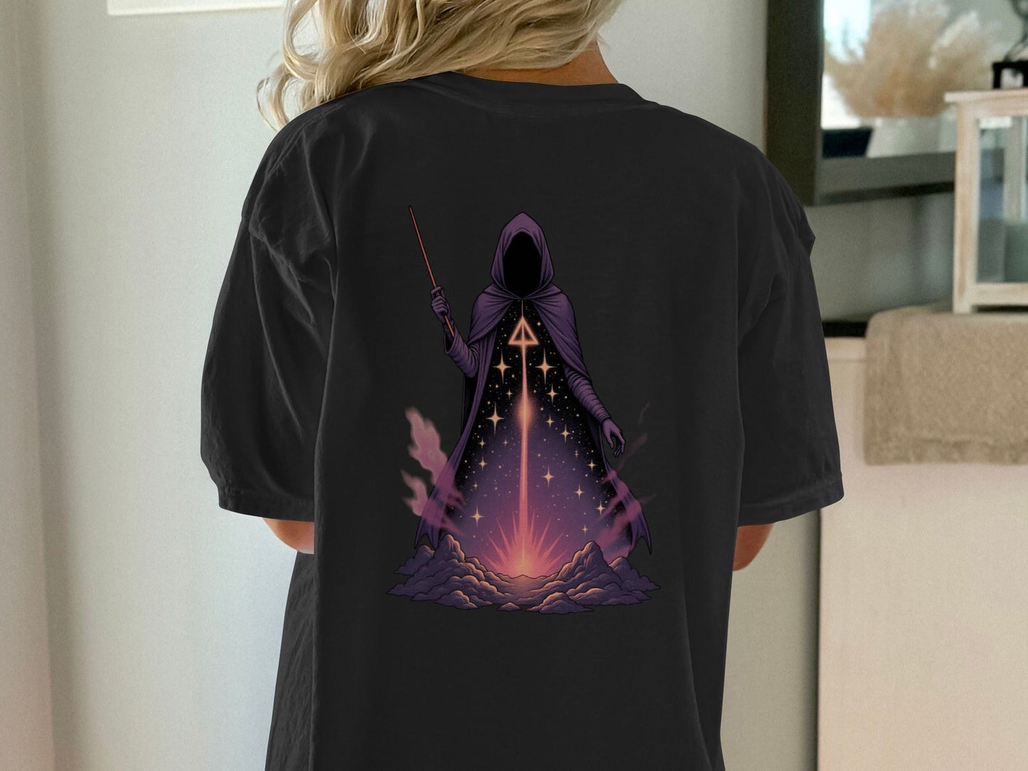 Wizard T-Shirt, Magical T-Shirt, Sorcerer T-Shirt, Fantasy T-Shirt, Hooded Figure T-Shirt, Stars T-Shirt, Occult T-Shirt, Trendy Shirt - IconVexa