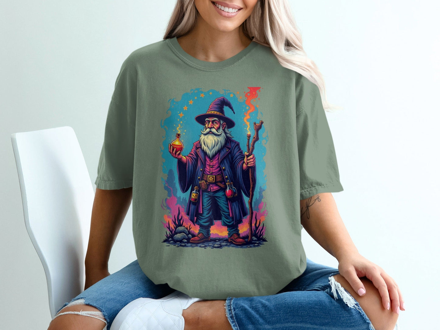 Wizard with Potion and Staff Fantasy Art Graphic T-Shirt - IconVexa