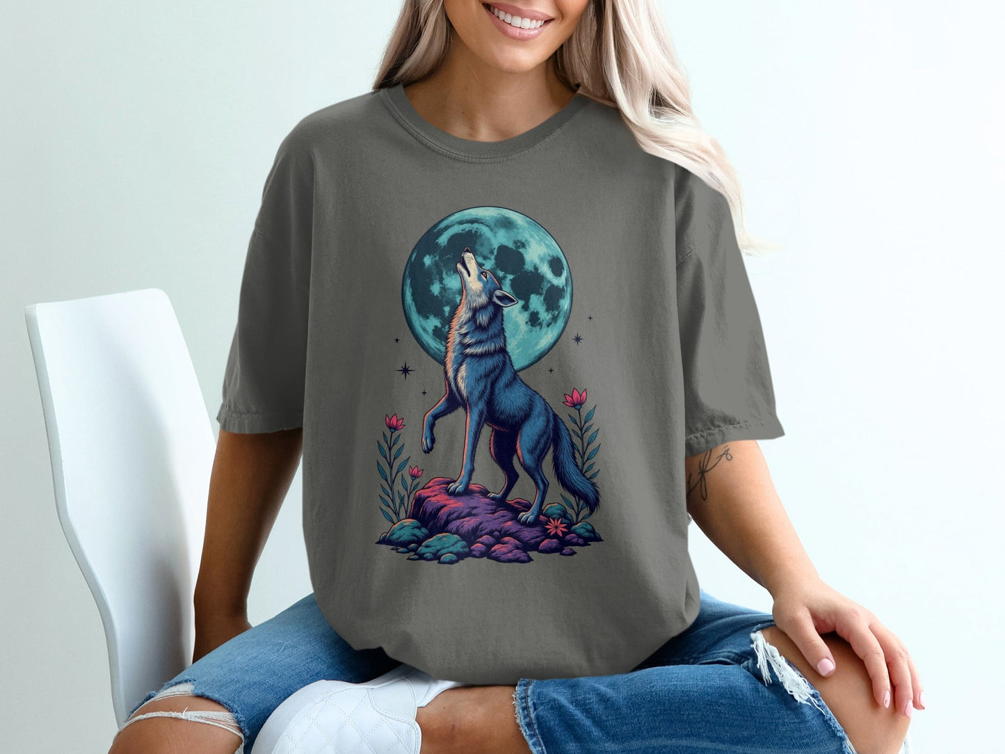 Wolf Moon Graphic Floral Stylish Women Design Printed T-Shirt - IconVexa