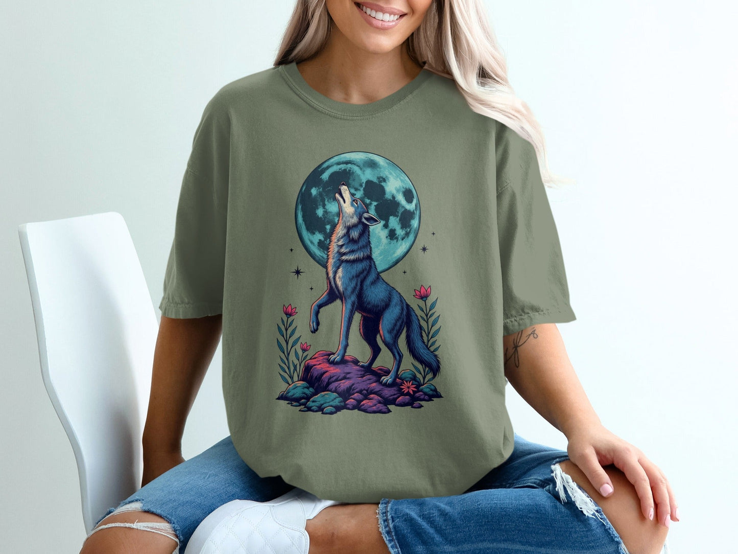 Wolf Moon Graphic Floral Stylish Women Design Printed T-Shirt - IconVexa